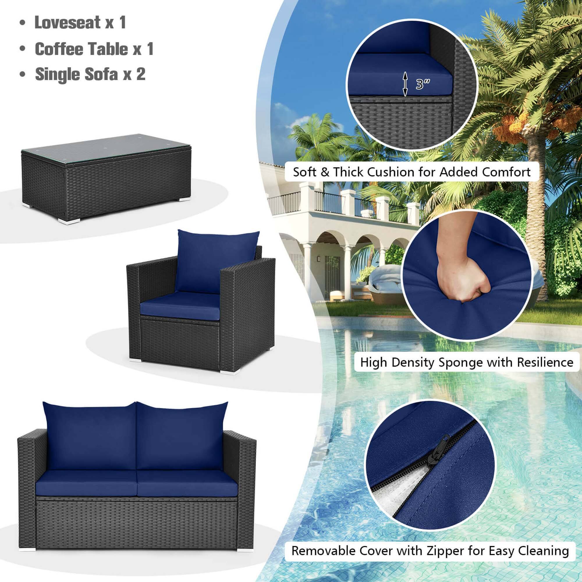 Loveseat X 1, Coffee Table X 1, Single Sofa X 2, 3" Soft & Thick Cushion for Added Comfort, High Density Sponge with Resilience, Removable Cover with Zipper for Easy Cleaning.