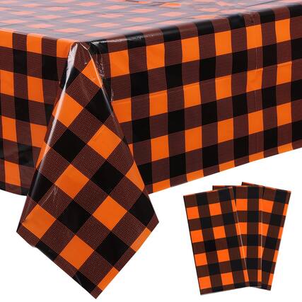 Front. Dapper Styles - 3 Packs And Checkered Tablecloths 54 X Disposable Plastic Gingham Tablecovers Waterproof Rectangle Picnic P... - Orange and Black-3.