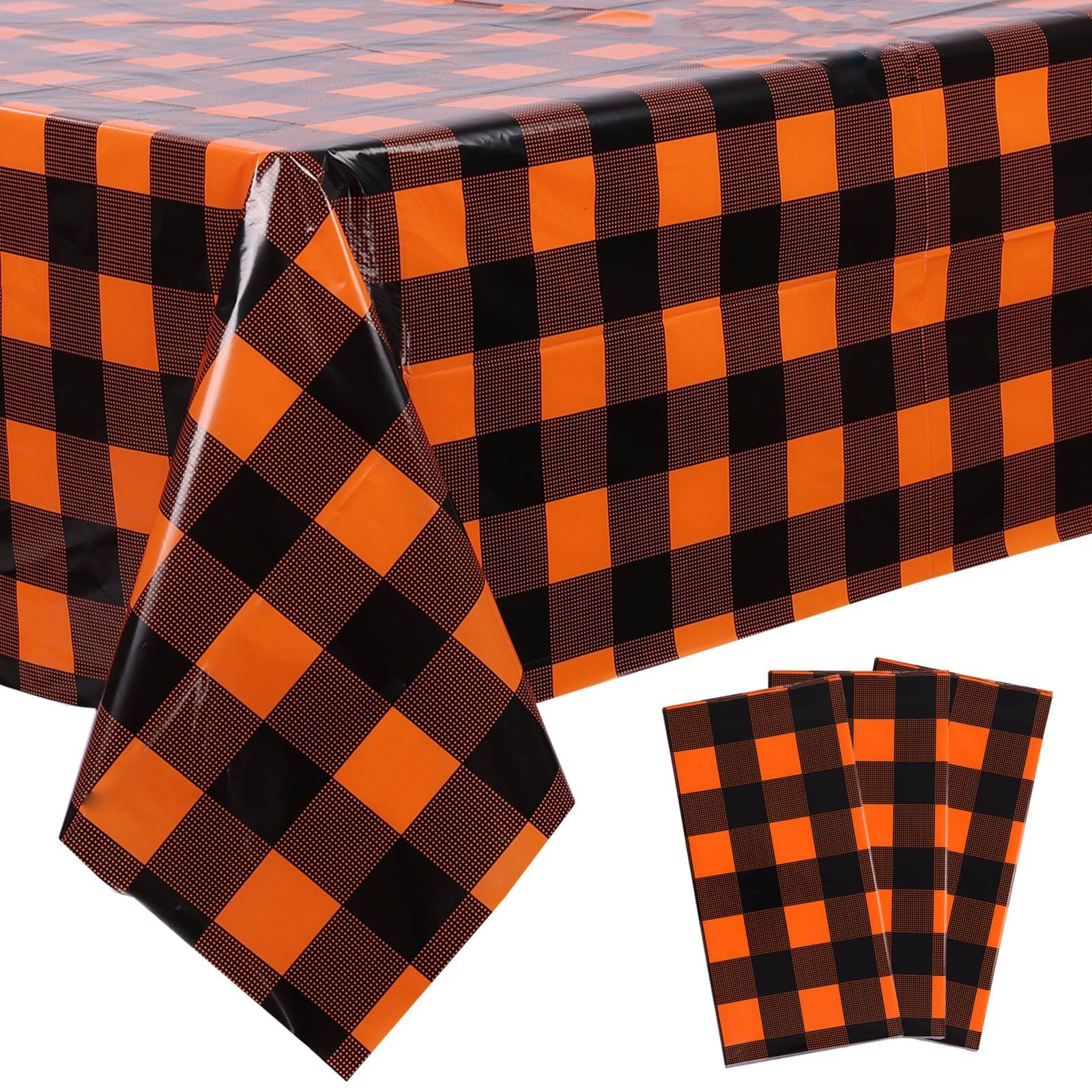 Front. Dapper Styles - 3 Packs And Checkered Tablecloths 54 X Disposable Plastic Gingham Tablecovers Waterproof Rectangle Picnic P... - Orange and Black-3.