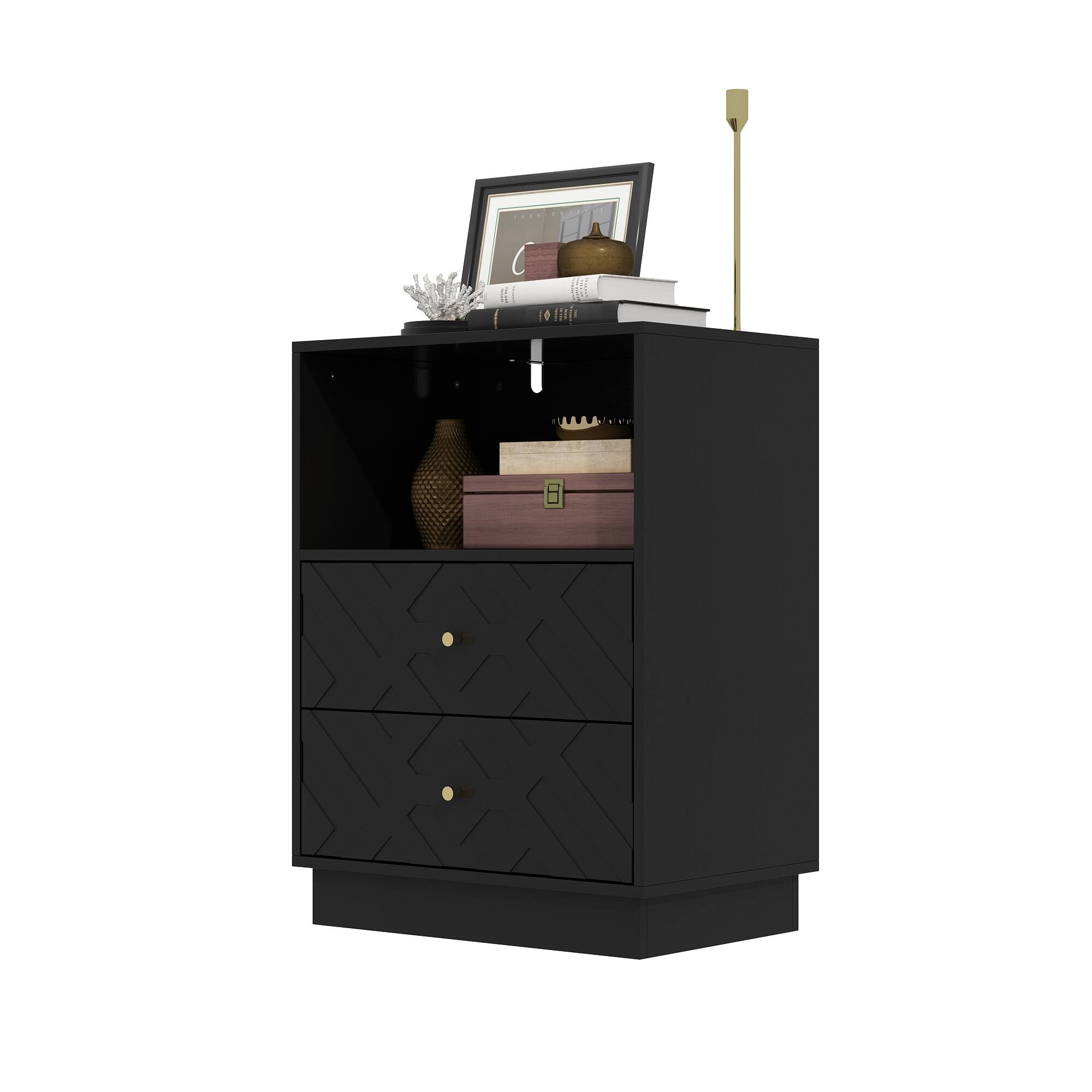 Angle. Famapy - Famapy Geometric - Pattern Nightstand – 2 Drawers with Silent Rails for Modern Spaces - Black.