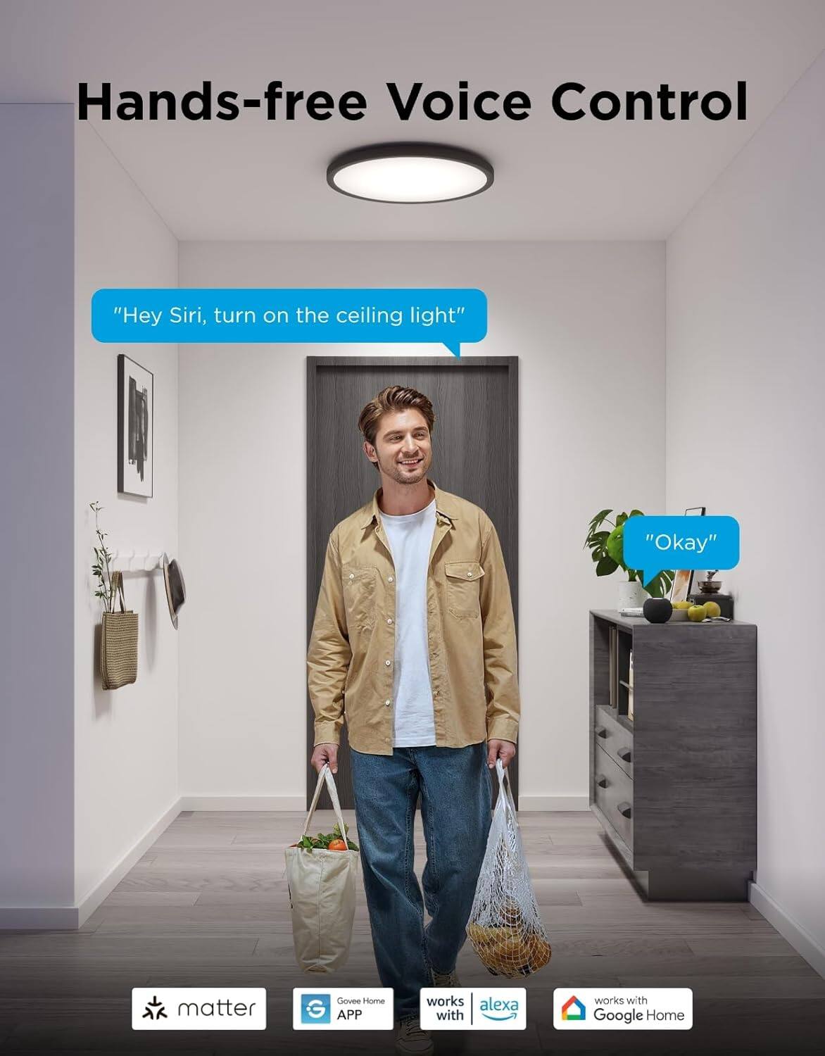 Hands-free Voice Control

"Hey Siri, turn on the ceiling light"

"Okay"

matter Govee Home APP works with Alexa works with Google Home