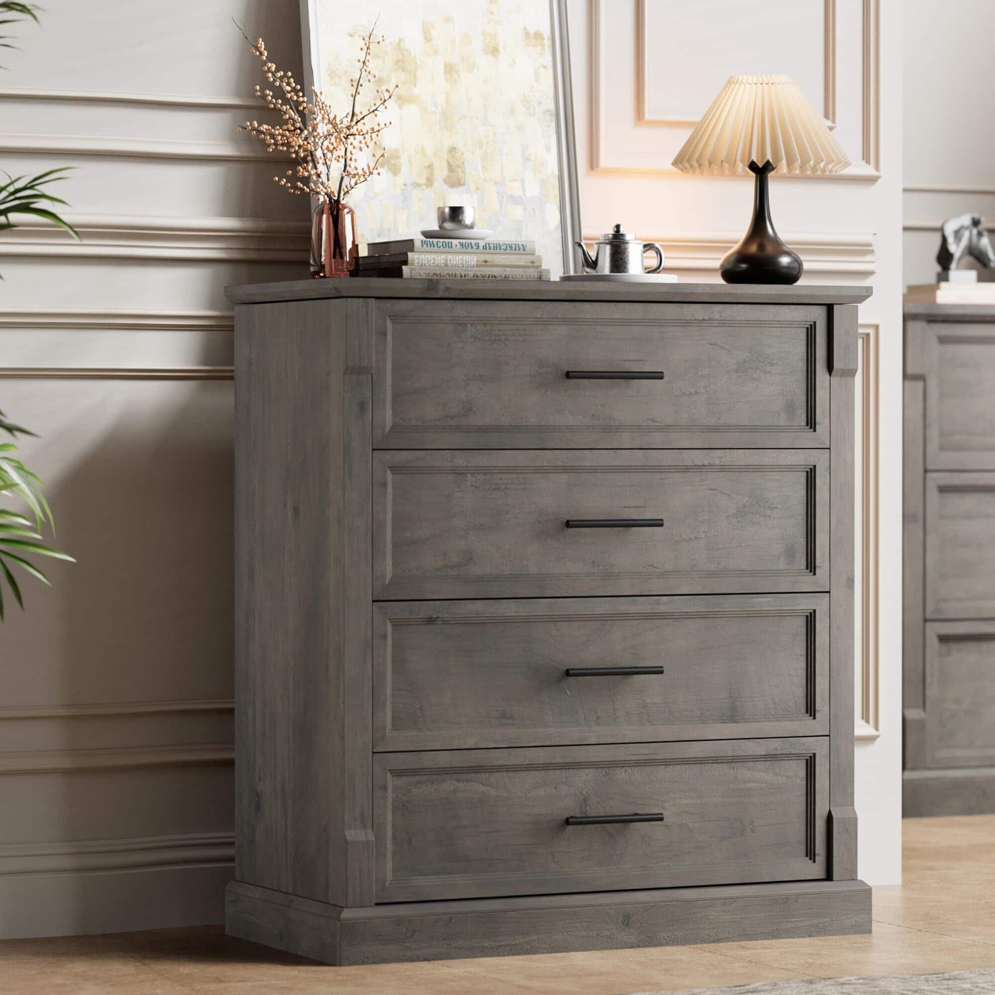 Acekool - 4 Drawer Dresser for Bedroom, Farmhouse Tall Chest of Drawers with Metal Handles - Gray