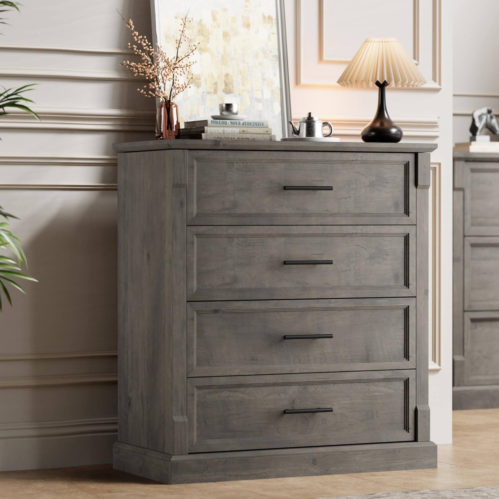 Front. Acekool - 4 Drawer Dresser for Bedroom, Farmhouse Tall Chest of Drawers with Metal Handles - Grey.