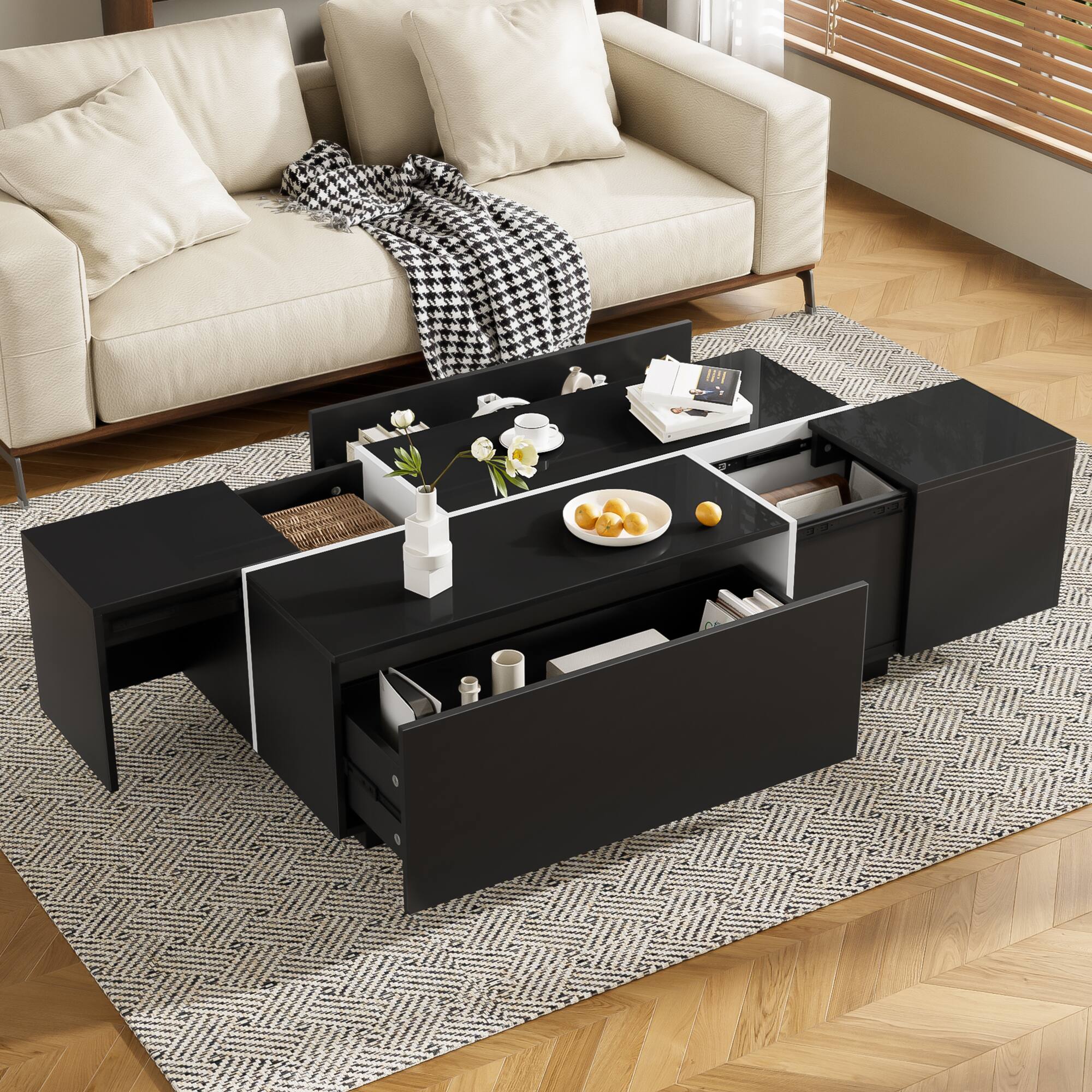 Alt View 2. Lirago - 47" U-Can Extendable Coffee Table  Smooth Finish 2 Hidden Storage Spaces 2 Drawers Multi Functional for Living Room - Black.