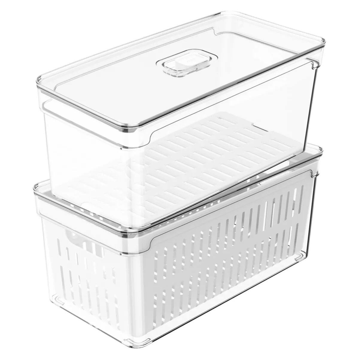OU - Fridge Organizer Bins w Drain Baskets & Vented Lids, Produce Kitchen Storage Bin, BPA Free - Clear