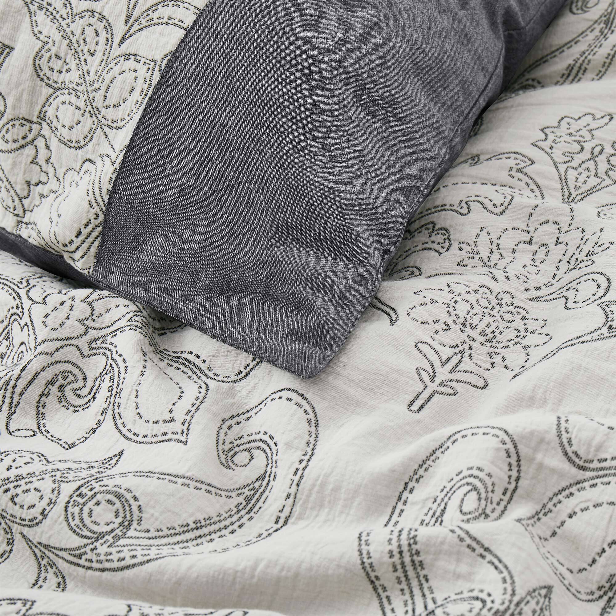 Back. Peace Nest - Peace Nest 100% Cotton Double-Layer Gauze Floral Jacquard Duvet Cover Set - Dark Grey.