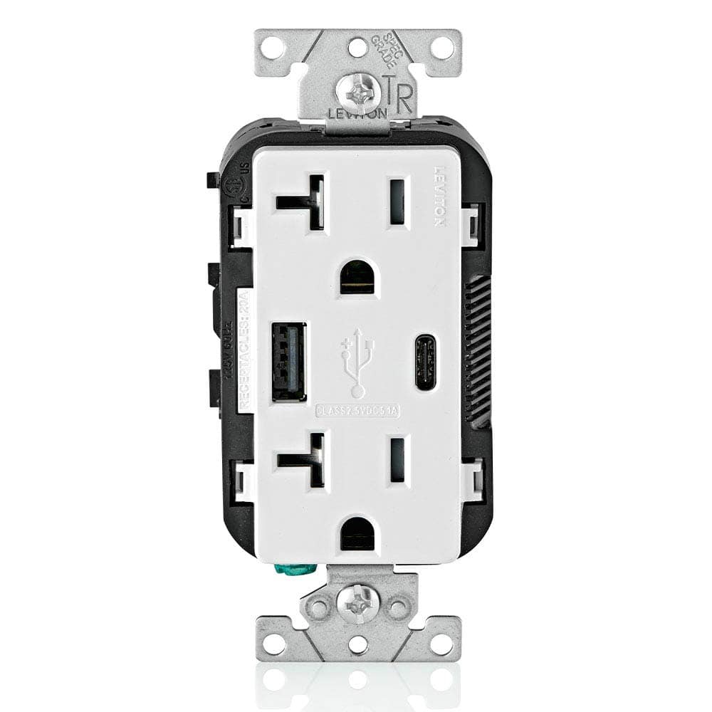 Leviton - Type A & Type-C USB In-Wall Charger with 20A Tamper-Resistant Outlet, T5833-W - White