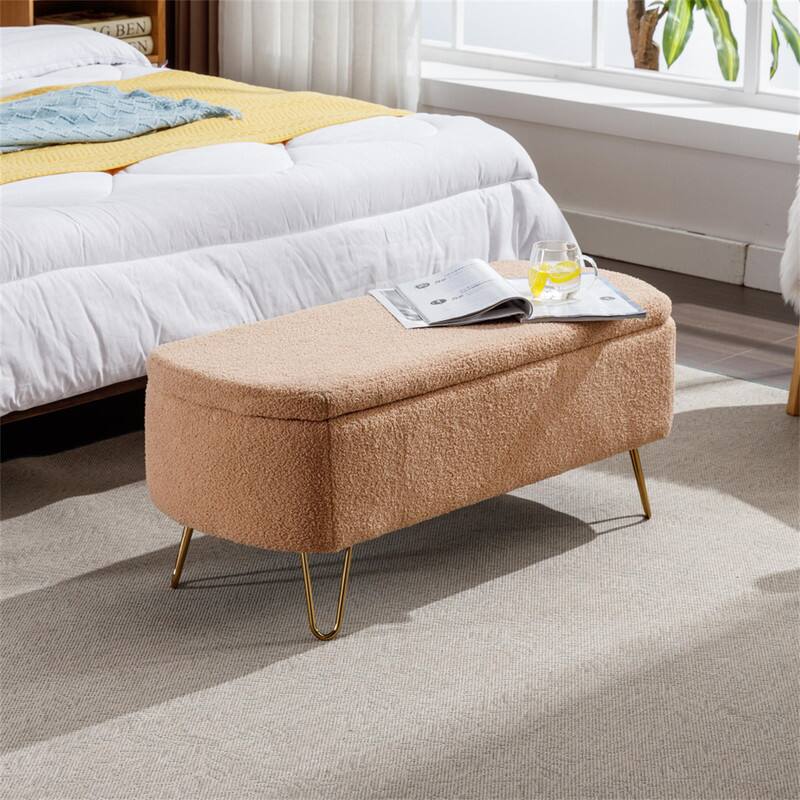 Back. HTUTWOO - Storage Ottoman Bench for Bedroom - Faux Fur Upholstered Bench with Gold Legs, Padded Storage Bench for Living Room - Camel.