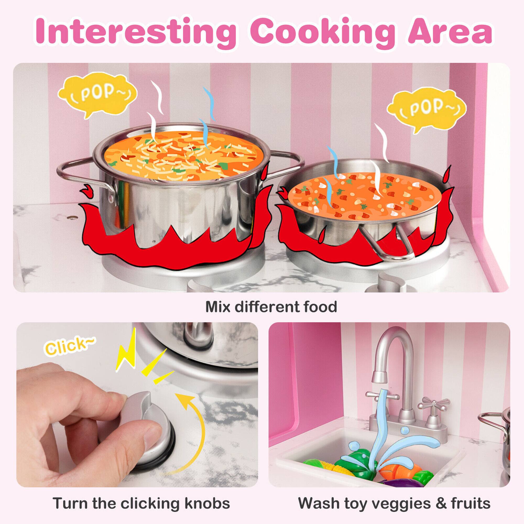 Interesting Cooking Area

- Mix different food
- Turn the clicking knobs
- Wash toy veggies & fruits