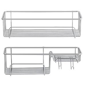 Back. Oumilen - No-Drill Shower Caddy with Removable Hooks, Silver Metal - Silver.