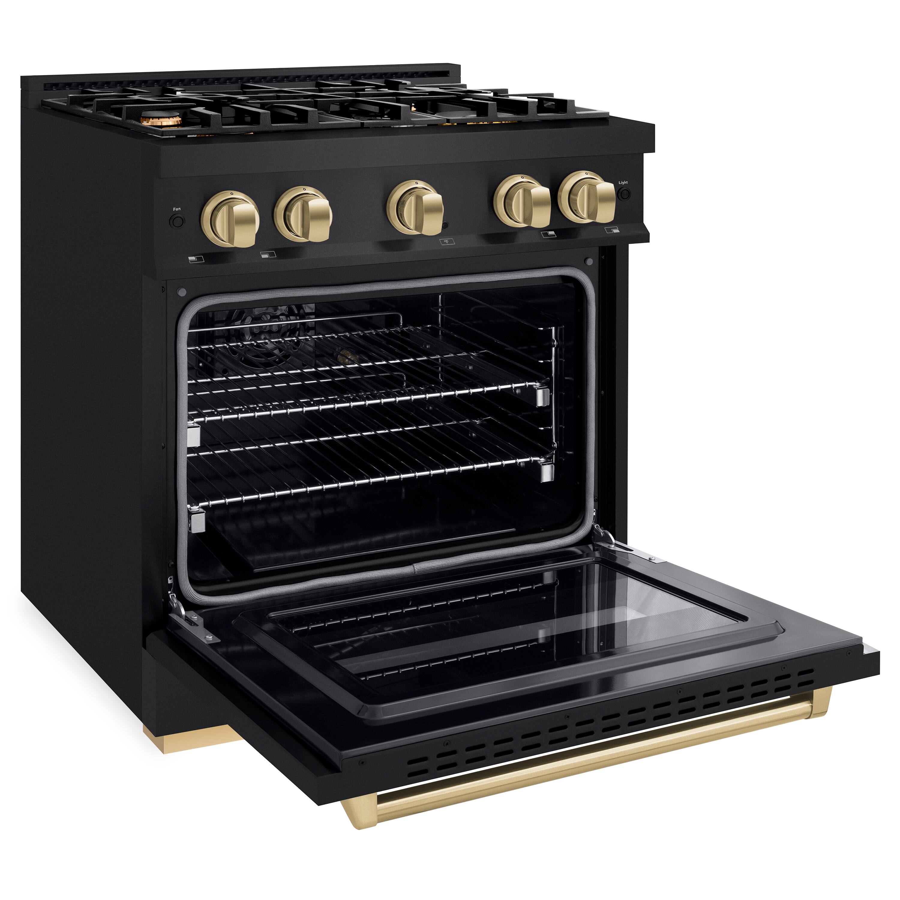 Left. ZLINE - Autograph 30" Classic Black Stainless Gas Range w/ 4 Burners & Bronze Accents (CGRBZ-30-CB) - Black Stainless Steel.