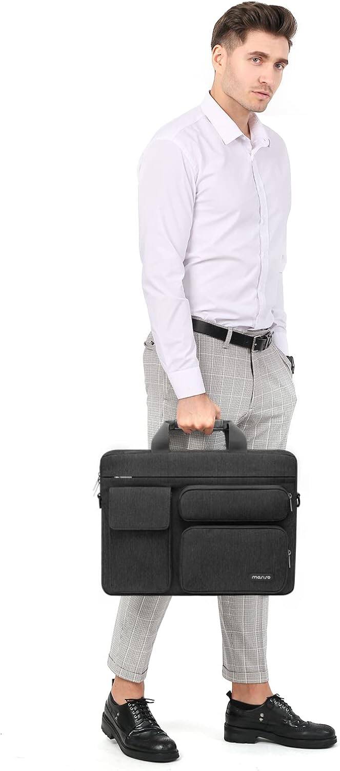 Angle. mosiso - Laptop Shoulder Messenger Bag 15–16 inch - Padded Protective Compartment, Front Utility Pockets, Adjustable Strap - Slate Gray.