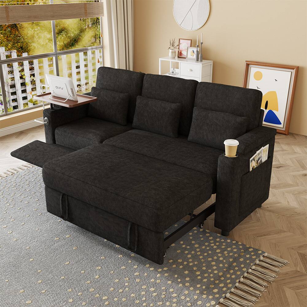Left. Anysun - 83" Chenille Fabric Foldable Sofa Bed with Electric Recliner, Adjustable Backrest, Table Board, Armrest Storage - Black.