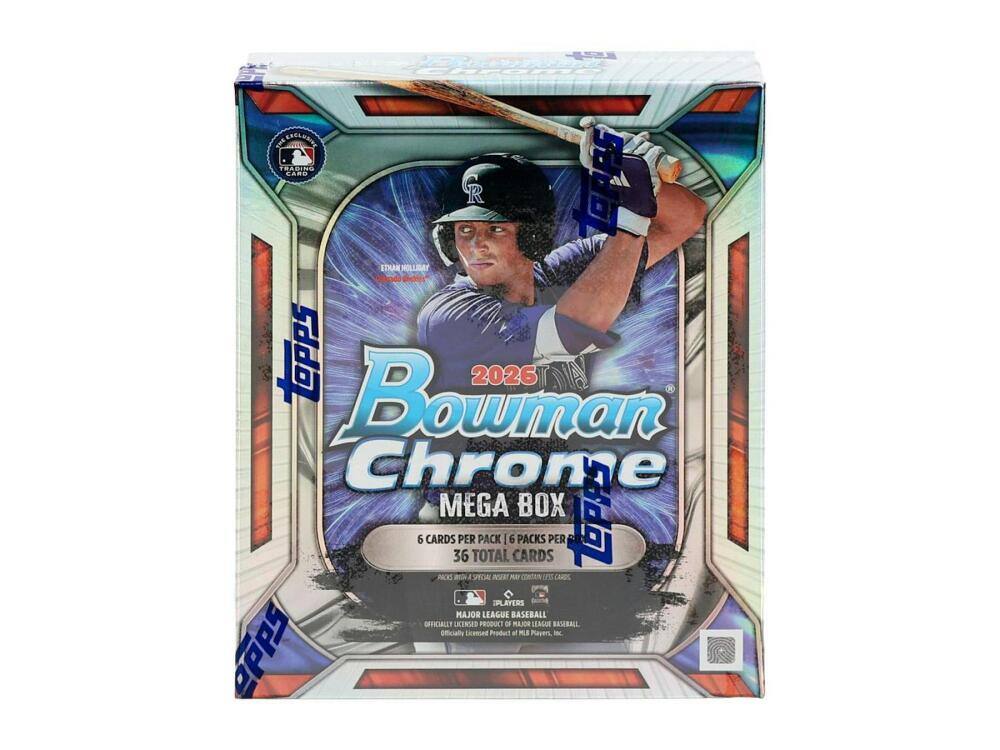 EXCLUSIVE TRADING CARD CR tapps STAN MOLLIDAY topps 2026 Bowman Chrome MEGA BOX Lopps 6 CARDS PER PACK 6 PACKS PER 36 TOTAL CARDS SPECIAL INSERT nutr LESS PLAYERS MAJOR LEAGUE BASEBALL OFFICIALLY LICENSED PRODUCT or MAJOR LEAGUE BASEBALL Officially Licensed Product et MLB Players, Inc. epps
