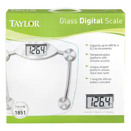 **TAYLOR**
Glass Digital Scale
- Capacity up to 400 lb in 0.2 lb increments
- Tempered glass platform with chrome accents
- Unique shaped platform allows more foot room
- 1 long life lithium battery included
**TAYLOR** since 1851
Actual size: 1.2" digits in a 1.5" LCD display