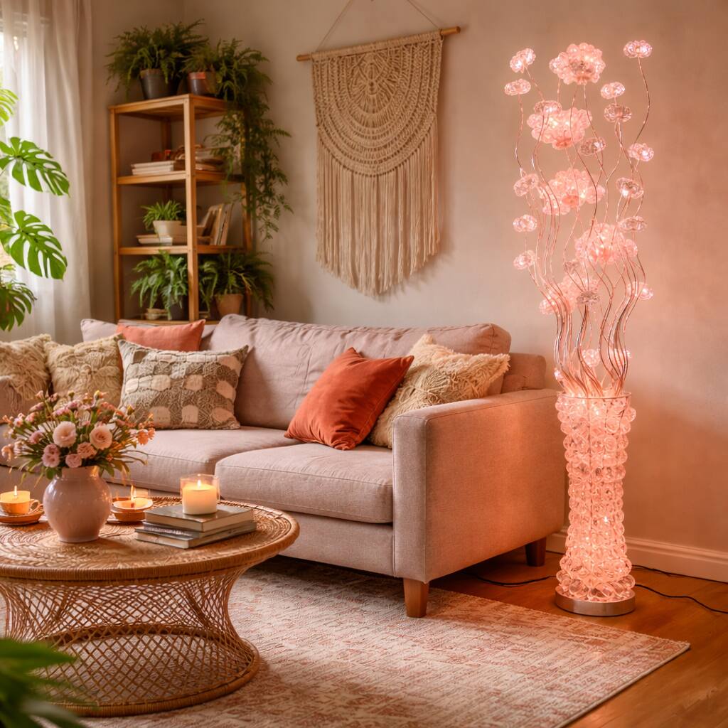 FC Design - 55"H Translucent Glitter Vase with Purple Pink  Floral Flame LED Floor Lamp