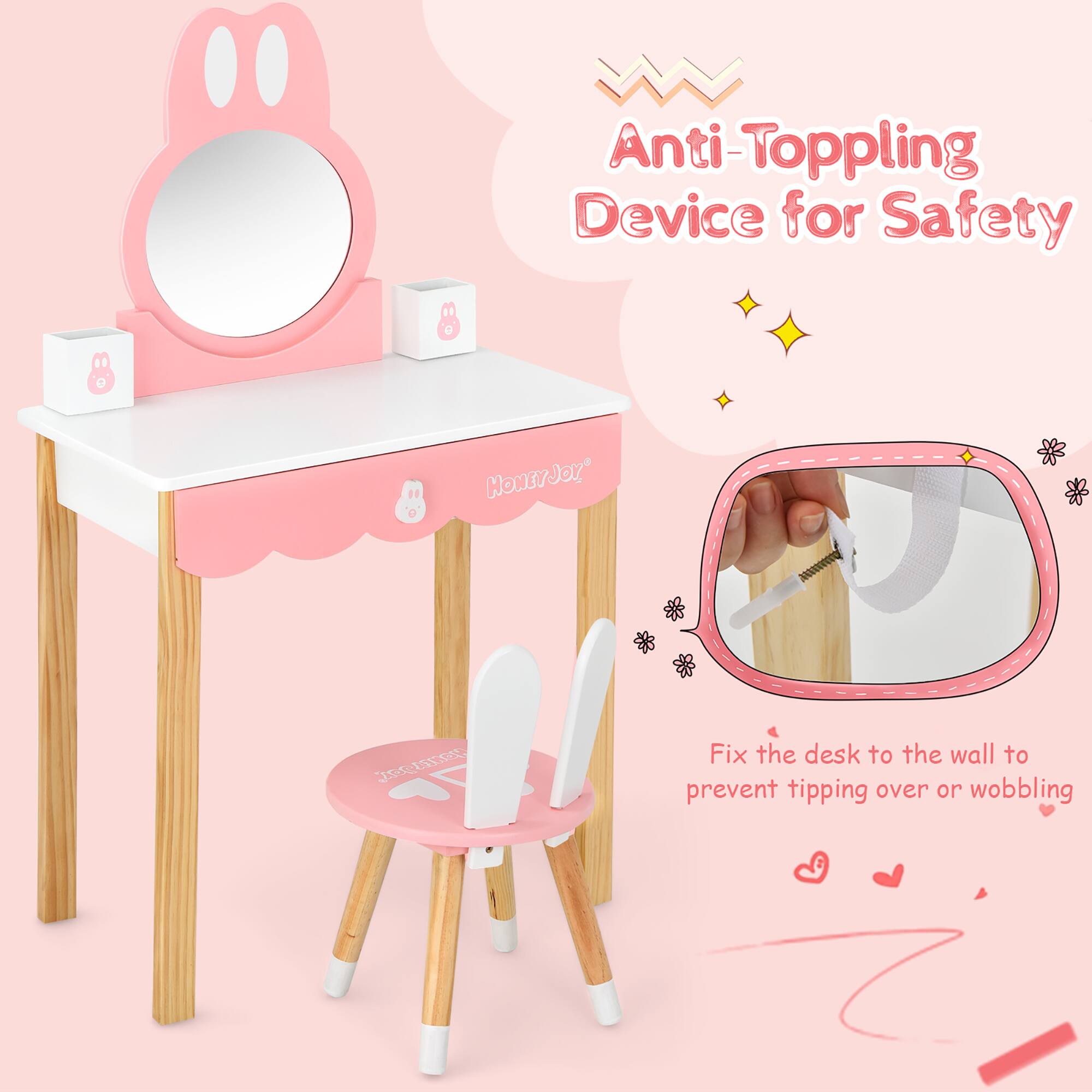 Anti-Topping Device for Safety

Fix the desk to the wall to prevent tipping over or wobbling.