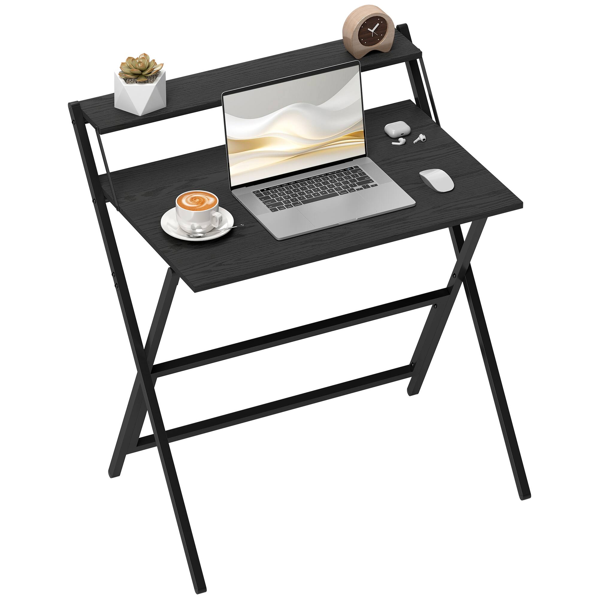 Homcom - Small Folding Desk, 32 Inch Foldable Computer Desk with Monitor Shelf, Space Saving Portable Writing Table - Black