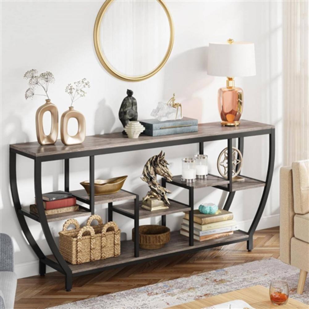 Alt View 1. Hivvago - Industrial Chic 70-inch Long Narrow Console Sofa Table with Gray Wood Shelves - Gray.