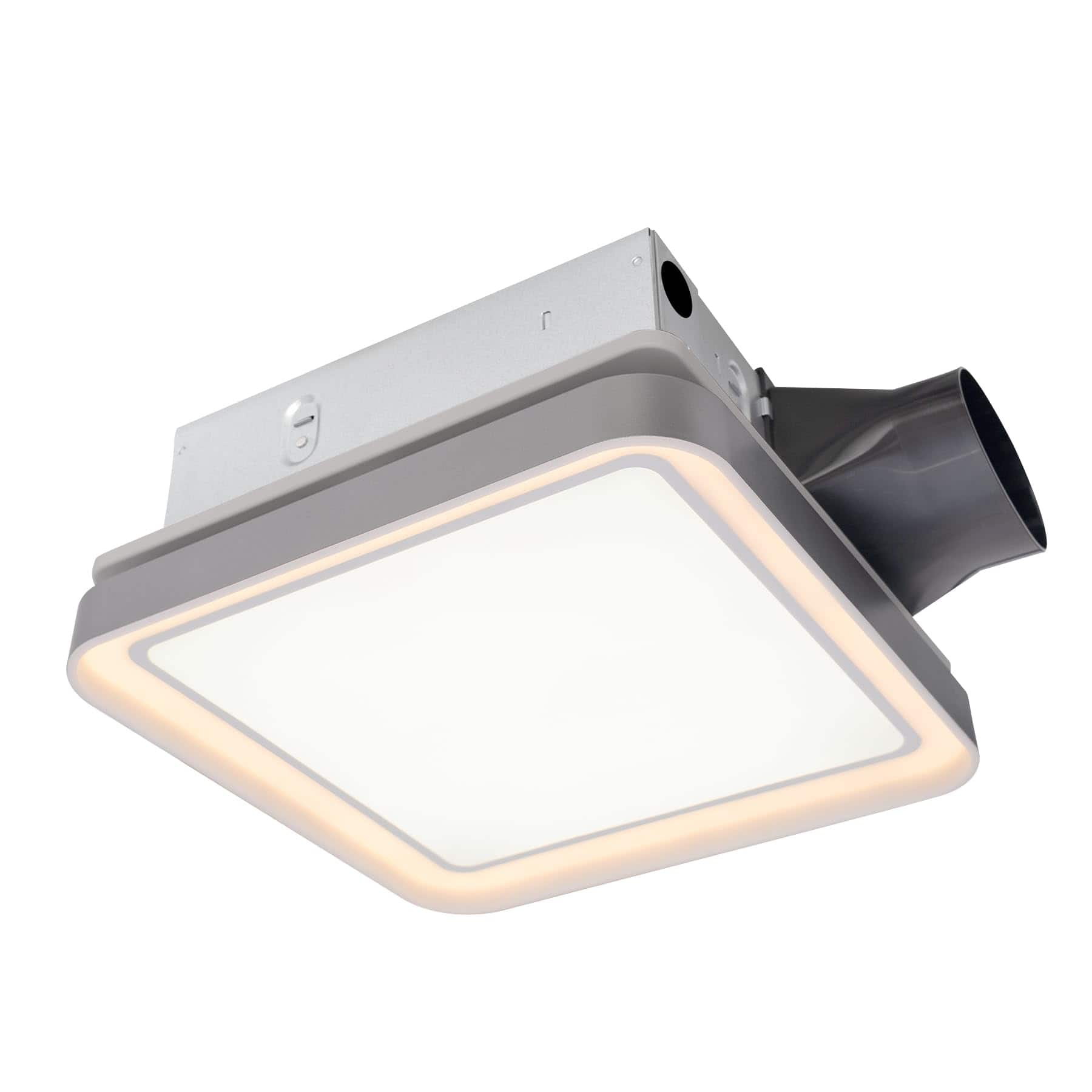 Akicon - DC Bathroom Exhaust Fan Light, 50 80 100 CFM, 15 Watt Dimmable 3CCT LED Light with 2 Color Night Light, Square - Silver