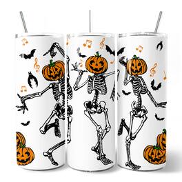 OrnamentallyYou - Dancing Skeletons with Pumpkin Head 20oz Tumbler With Stainless Steel Straw, Halloween Gift Cup - Multicolored