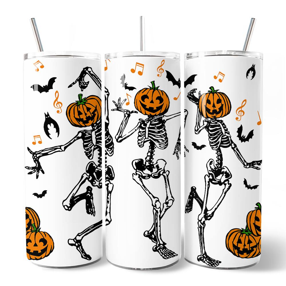 Front. OrnamentallyYou - Dancing Skeletons with Pumpkin Head 20oz Tumbler With Stainless Steel Straw, Halloween Gift Cup - Multicolored.