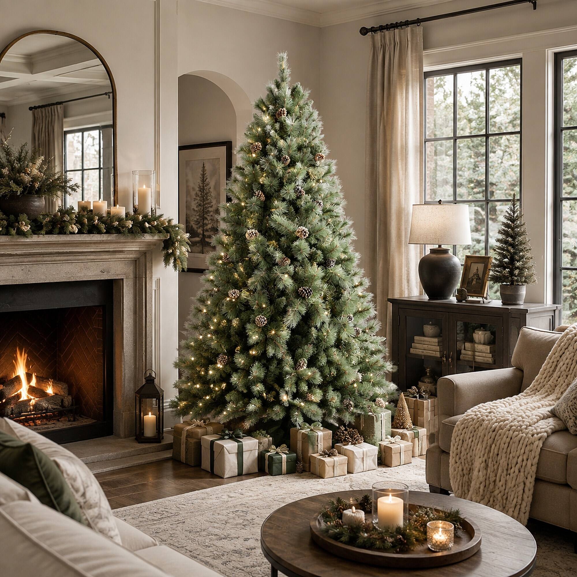 Left. RYHNUYNE - 7FT Christmas Tree With 82 Pine Cones, 1348 Mixed PVC Hard Needle Branches Hinged Structure Sturdy Metal Stand - Green.