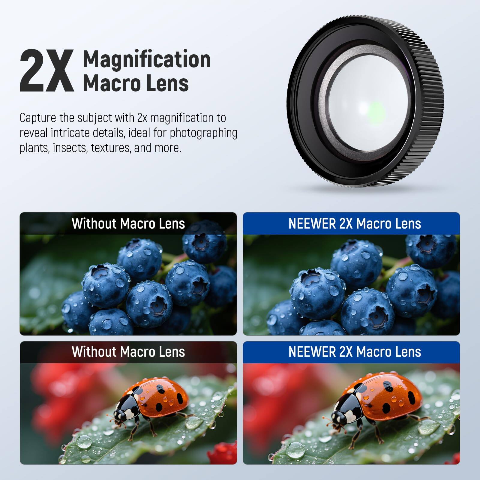 2X Magnification Macro Lens

Capture the subject with 2x magnification to reveal intricate details, ideal for photographing plants, insects, textures, and more.

Without Macro Lens

NEEWER 2X Macro Lens

Without Macro Lens

NEEWER 2X Macro Lens