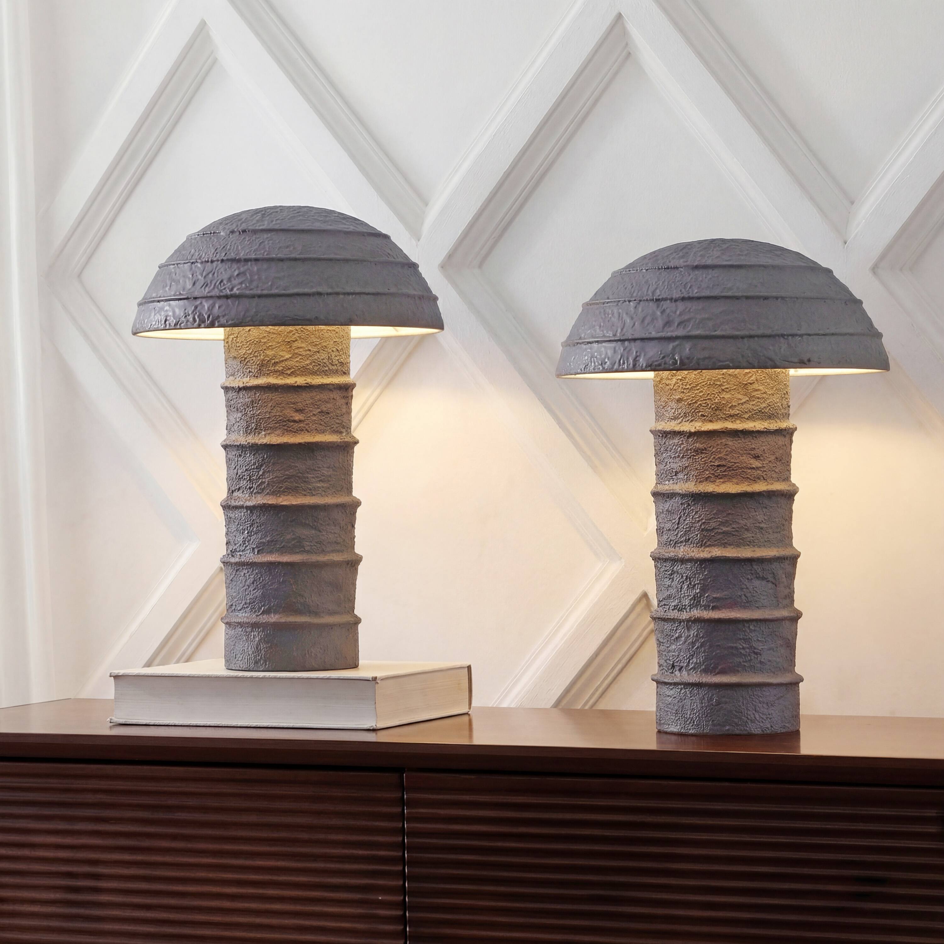 Alt View 1. Jonathan Y - Cremini 17.5 in. Modern Minimalist Plaster-Look Ribbed Mushroom Resin Cylinder LED Table Lamp, Gray (Set of 2) - Gray.