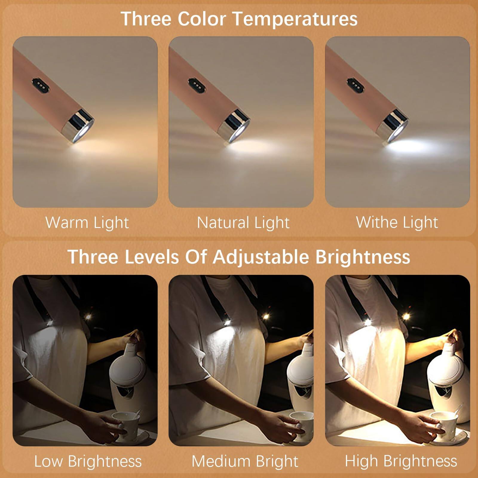 Three Color Temperatures  
Warm Light  
Natural Light  
White Light  

Three Levels Of Adjustable Brightness  
Low Brightness  
Medium Bright  
High Brightness