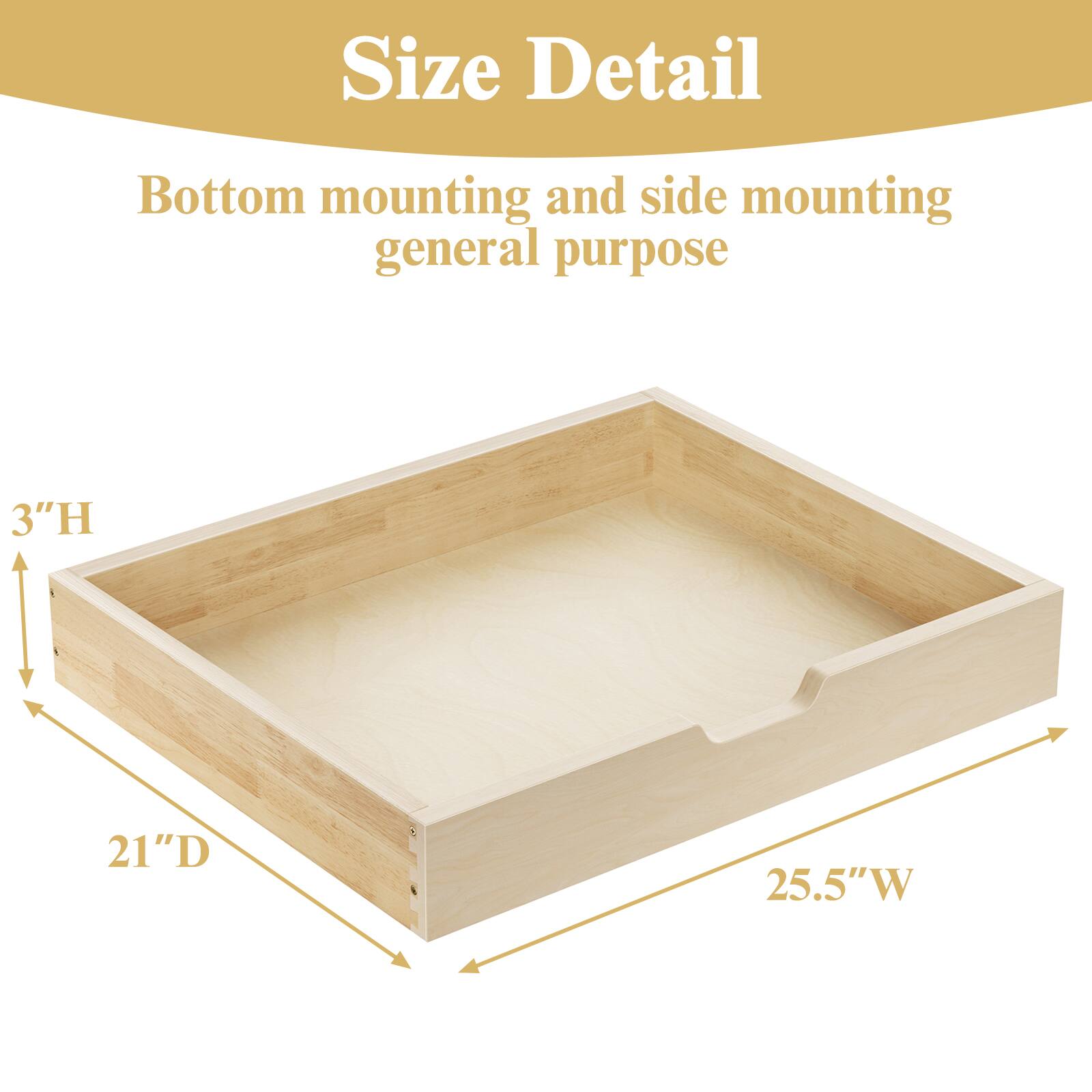 Size Detail

Bottom mounting and side mounting general purpose

3"H  
21"D  
25.5"W