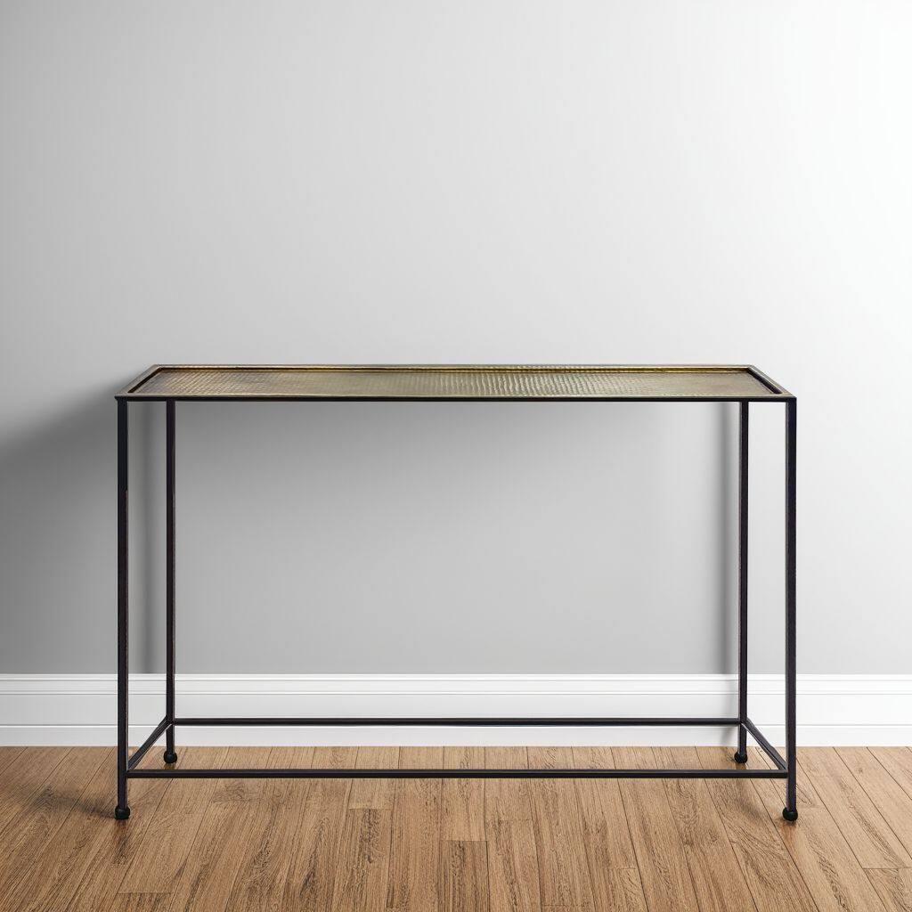 Alt View 6. Manhattan Lane - 48 Inch Console Sofa Table, Artisanal Hammered Antique Bronze Tray Top, Industrial Black Iron Frame - Antique Bronze, Black.