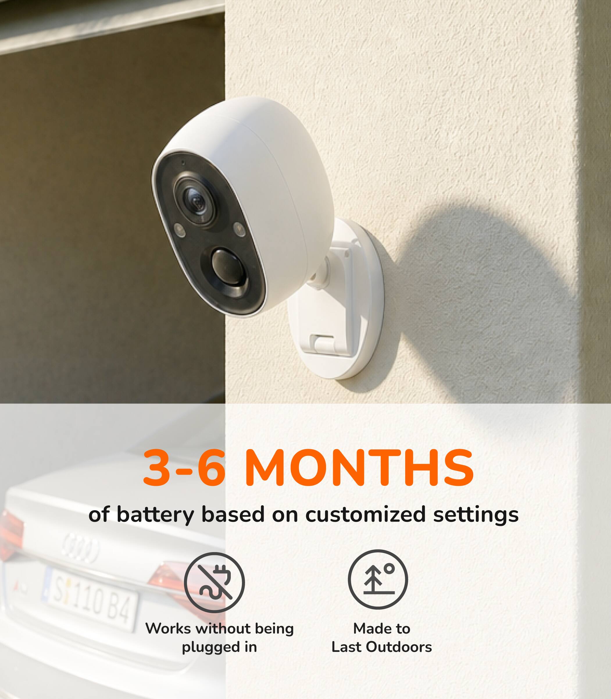 3-6 MONTHS of battery based on customized settings

S1110B B4

Works without being plugged in

Made to Last Outdoors