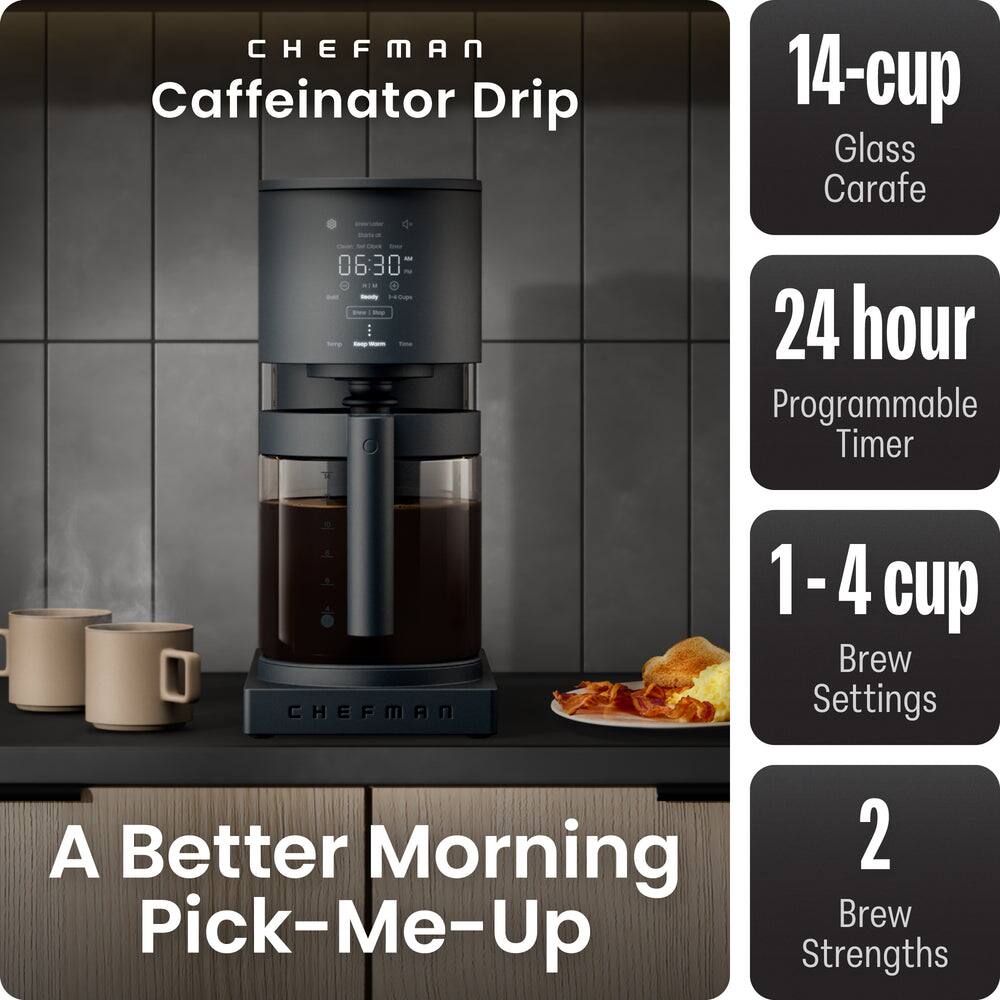 CHEFMAN Caffeinator Drip 14-cup Glass Carafe - 06:30 - 24 hour Programmable Timer CHEFMAN 1-4 cup Brew Settings A Better Morning 2 Brew Pick-Me-Up Strengths