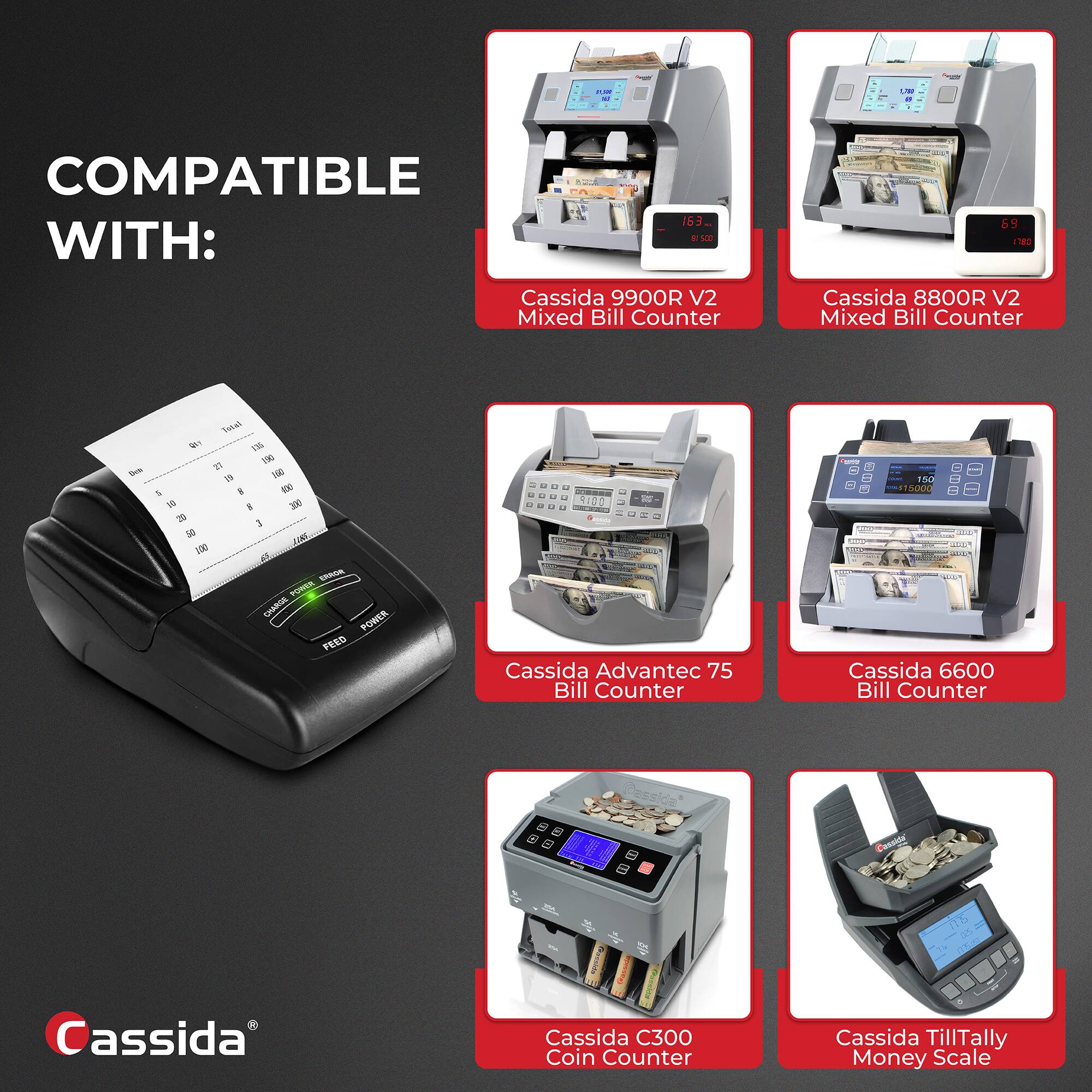COMPATIBLE WITH:

- Cassida 9900R V2 Mixed Bill Counter
- Cassida 8800R V2 Mixed Bill Counter
- Cassida Advantec 75 Bill Counter
- Cassida 6600 Bill Counter
- Cassida C300 Coin Counter
- Cassida TillTally Money Scale

Cassida®