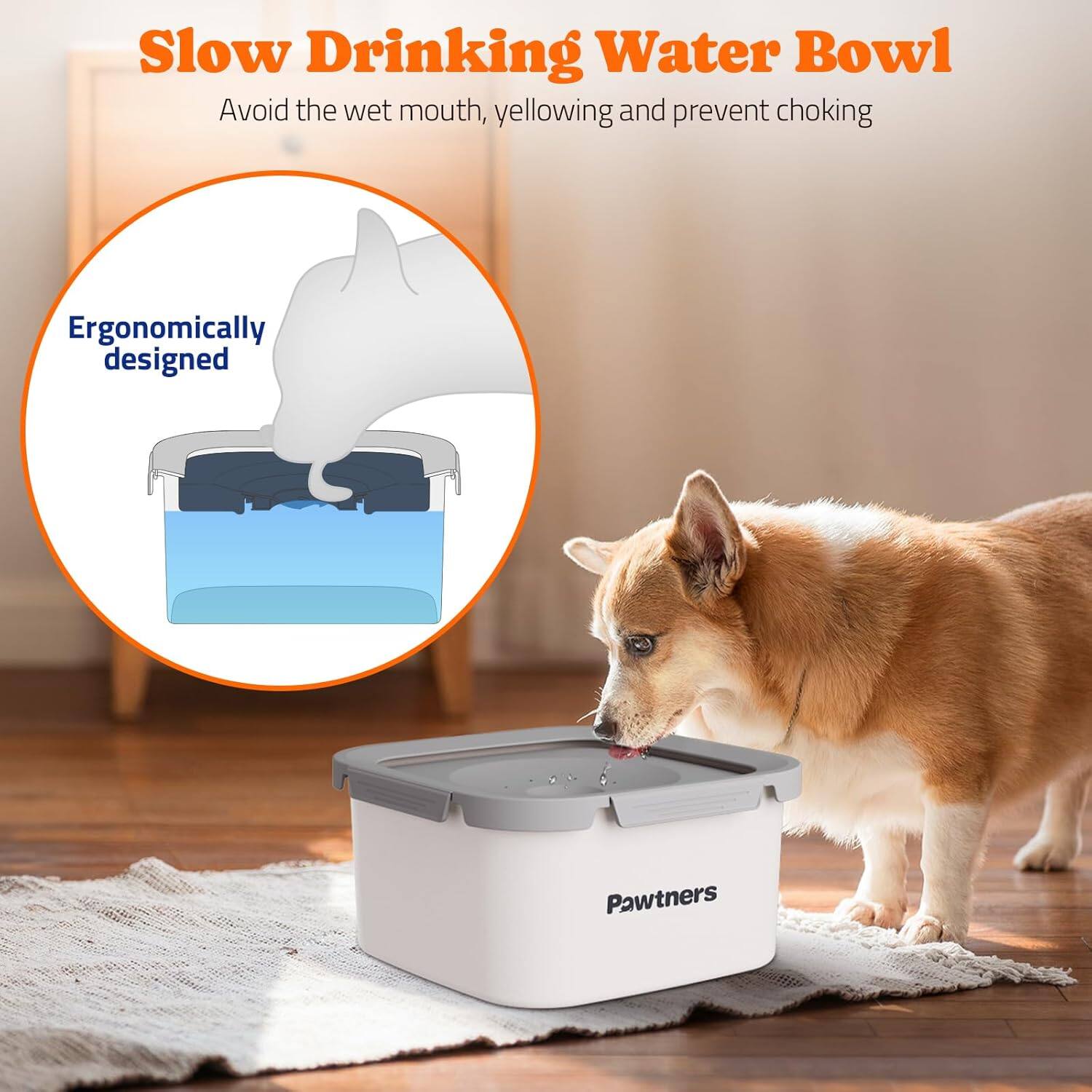 Slow Drinking Water Bowl  
Avoid the wet mouth, yellowing and prevent choking  

Ergonomically designed  

Pawtners