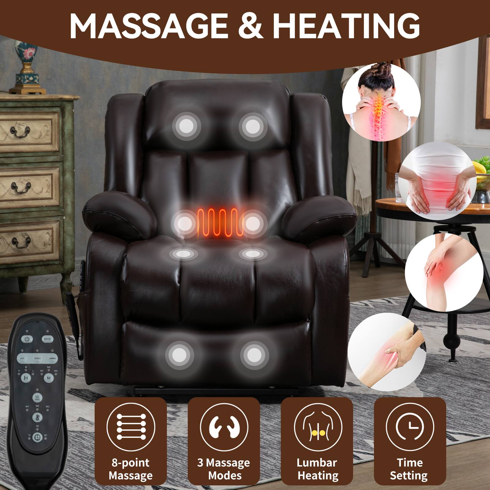 MASSAGE & HEATING

- 8-point Massage
- 3 Massage Modes
- Lumbar Heating
- Time Setting