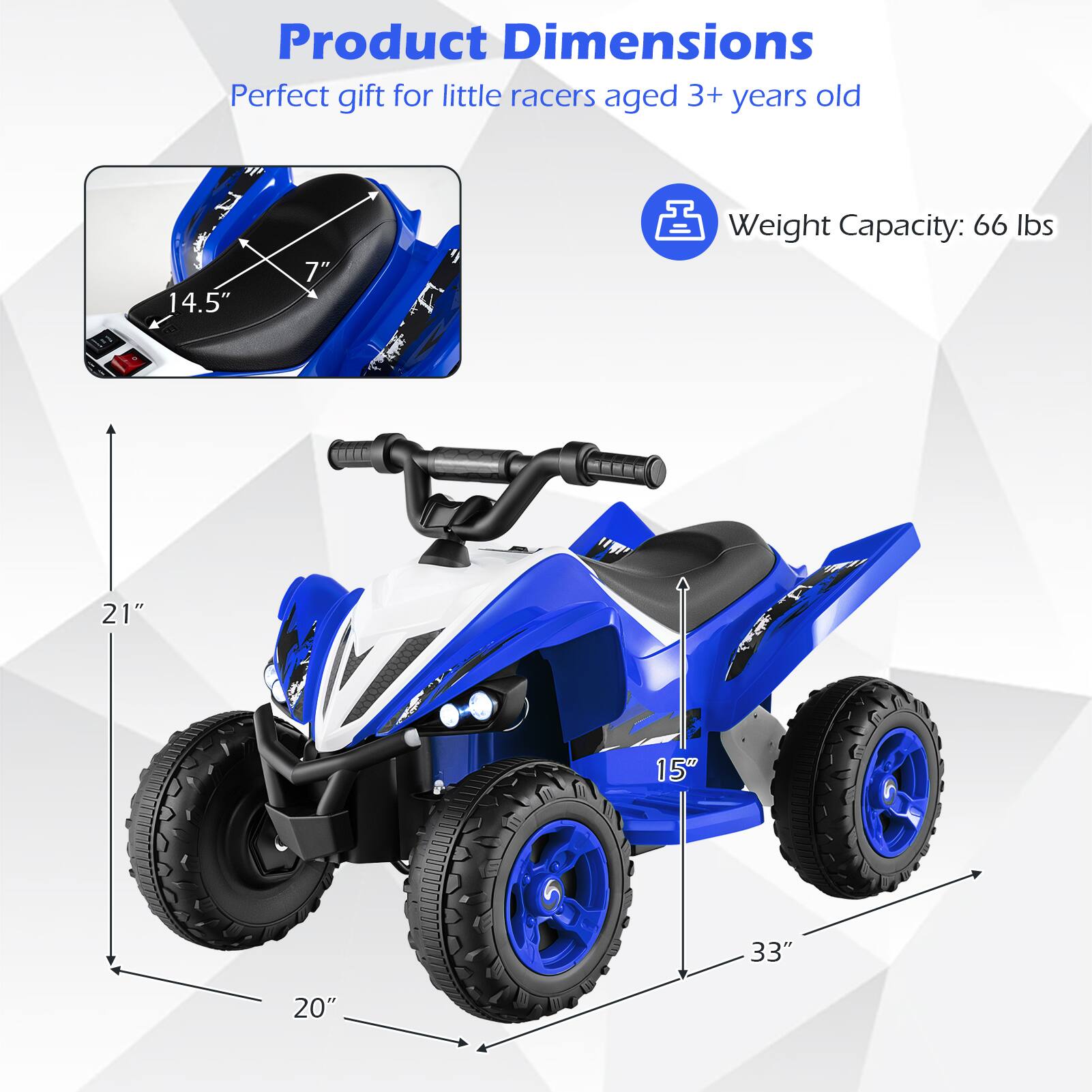 Product Dimensions: Perfect gift for little racers aged 3+ years old  
14.5" x 7"  
Weight Capacity: 66 lbs  
21" x 15" x 33" x 20"