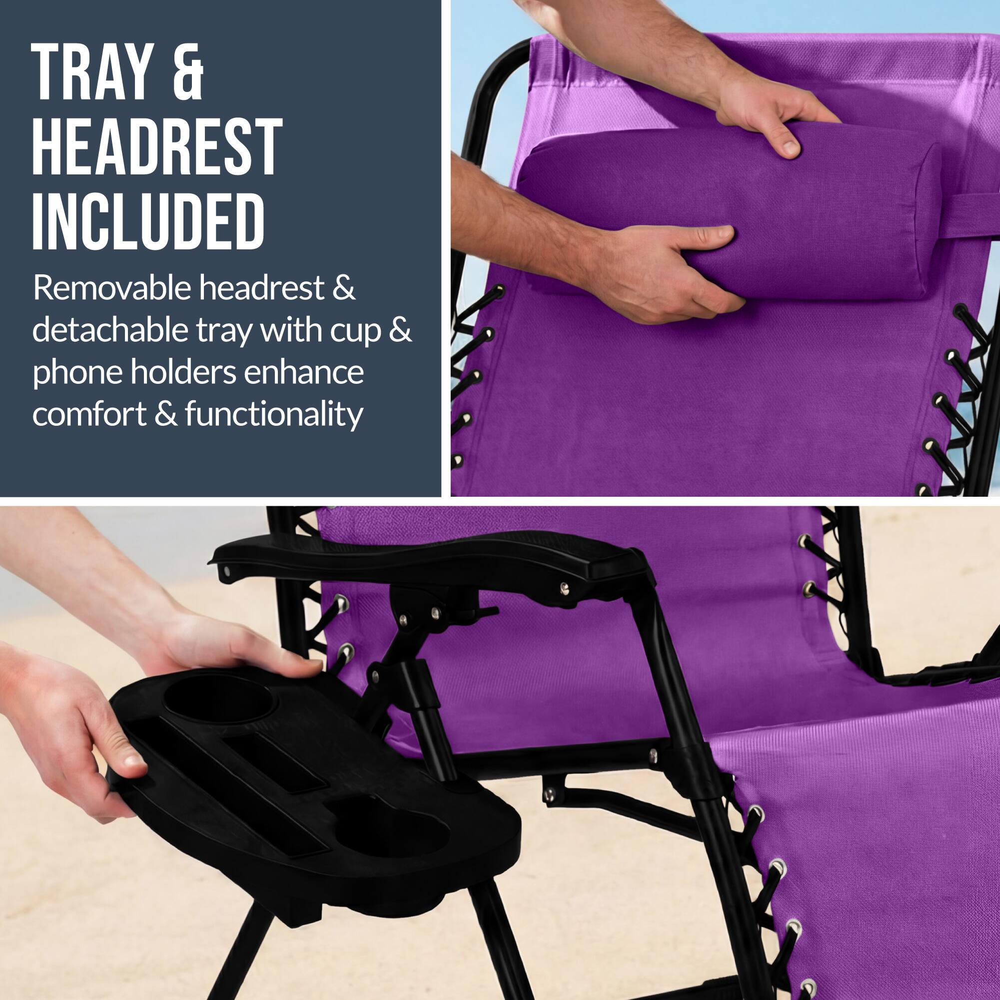 TRAY & HEADREST INCLUDED

Removable headrest & detachable tray with cup & phone holders enhance comfort & functionality