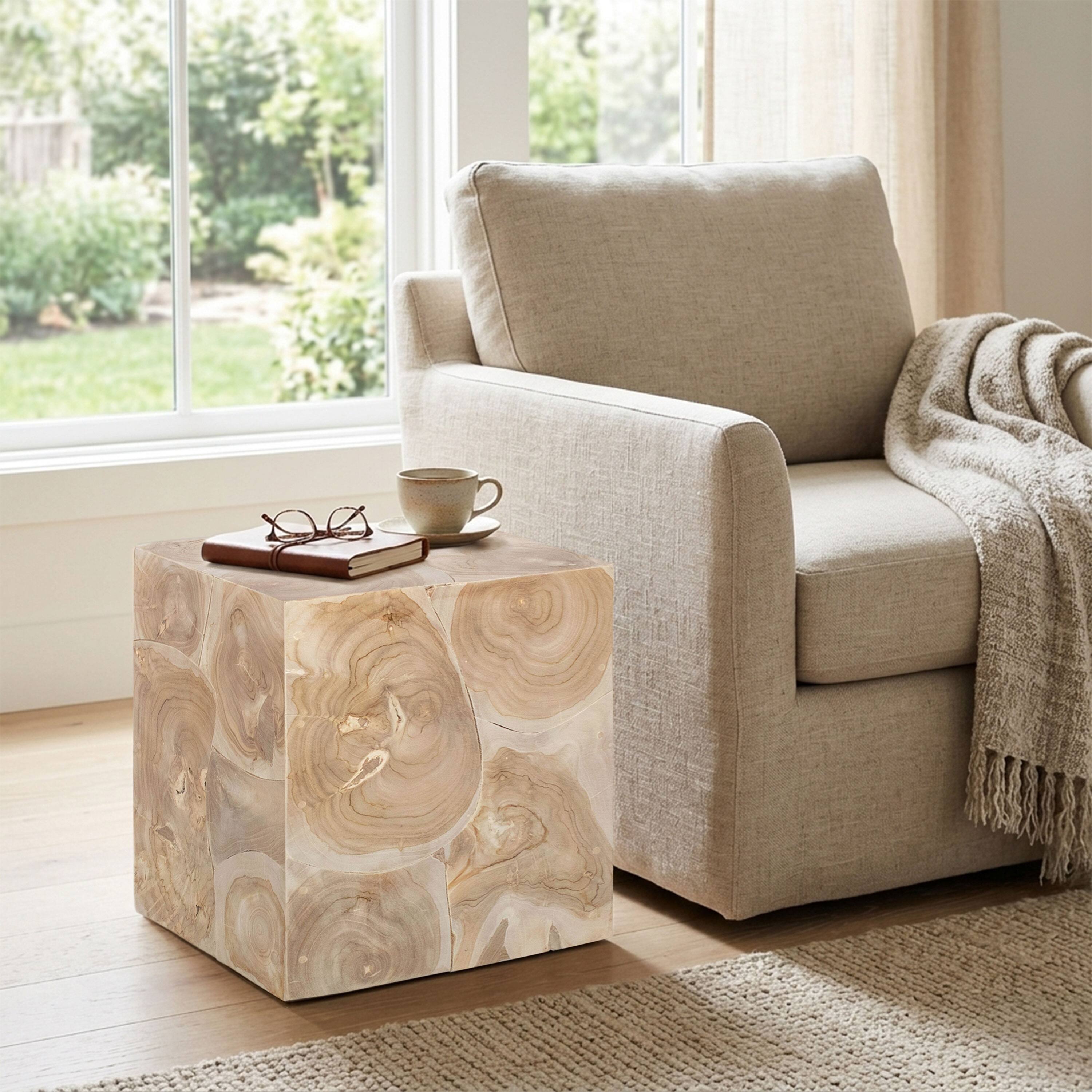 Alt View 6. Manhattan Lane - Sira Mosaic Side End Table, Hand Oiled Natural Brown Finish, 20 Inch Solid Teak Wood Slice Cube - Natural Brown.