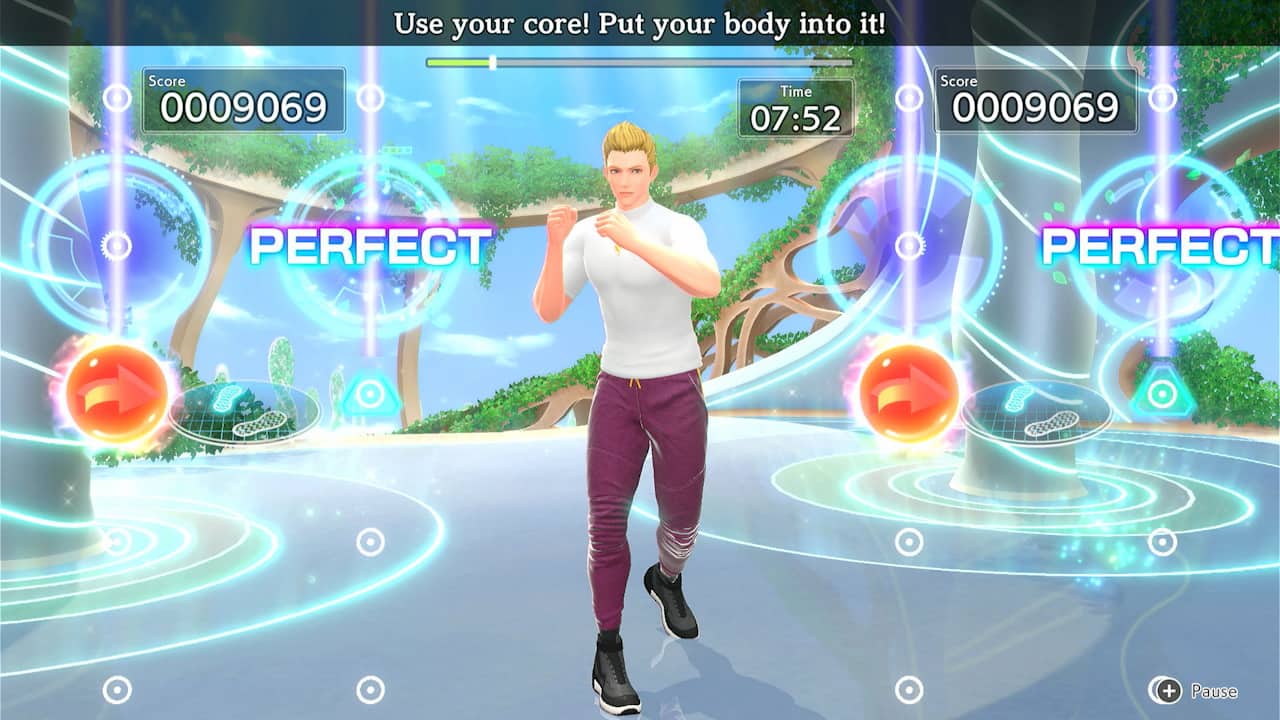 The image shows a man standing in a virtual environment, possibly a video game, with the text "Use your core! Put your body into it!" displayed. The man is wearing a white shirt and purple pants. The image also shows a timer, indicating that the game is time-based. The timer reads 07:52, and the score is 0009069. The image is captioned "PERFECT PERFECT + Pause."