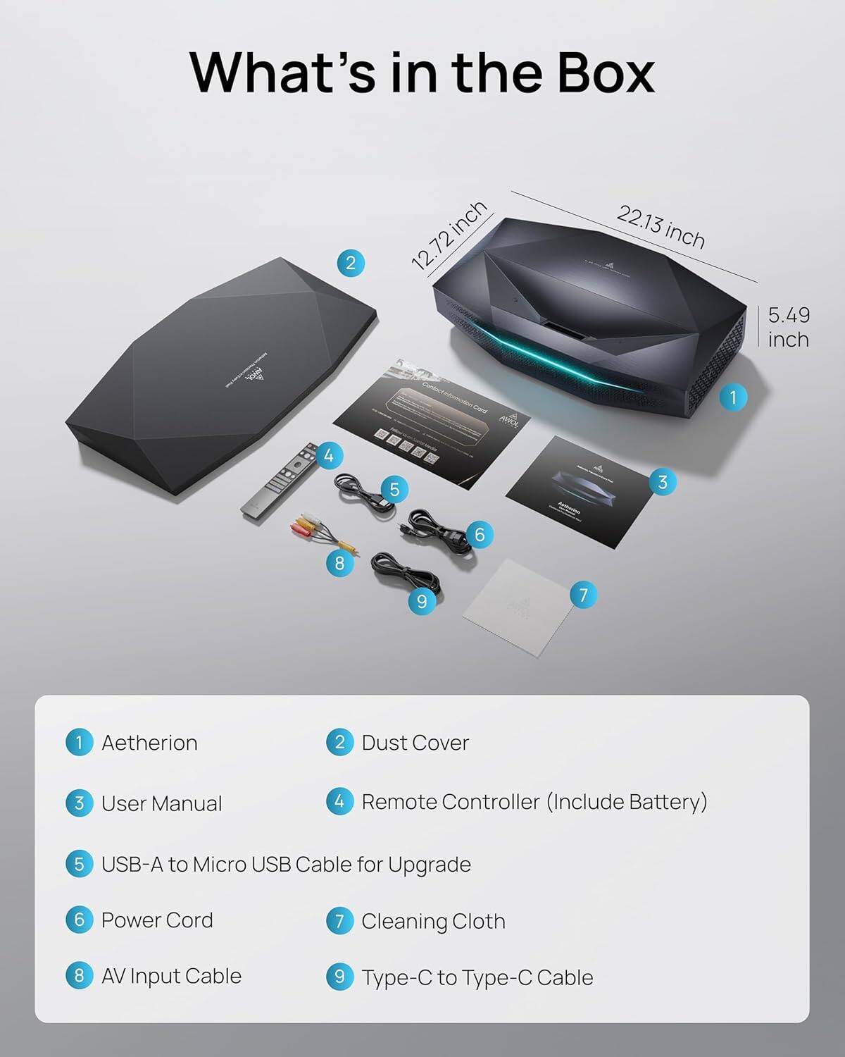 What's in the Box

1. Aetherion
2. Dust Cover
3. User Manual
4. Remote Controller (Include Battery)
5. USB-A to Micro USB Cable for Upgrade
6. Power Cord
7. Cleaning Cloth
8. AV Input Cable
9. Type-C to Type-C Cable

Dimensions:
- 22.13 inch
- 12.72 inch
- 5.49 inch
