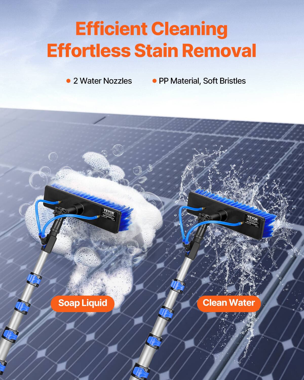 Efficient Cleaning Effortless Stain Removal

- 2 Water Nozzles
- PP Material, Soft Bristles

VEVOR

Soap Liquid
Clean Water