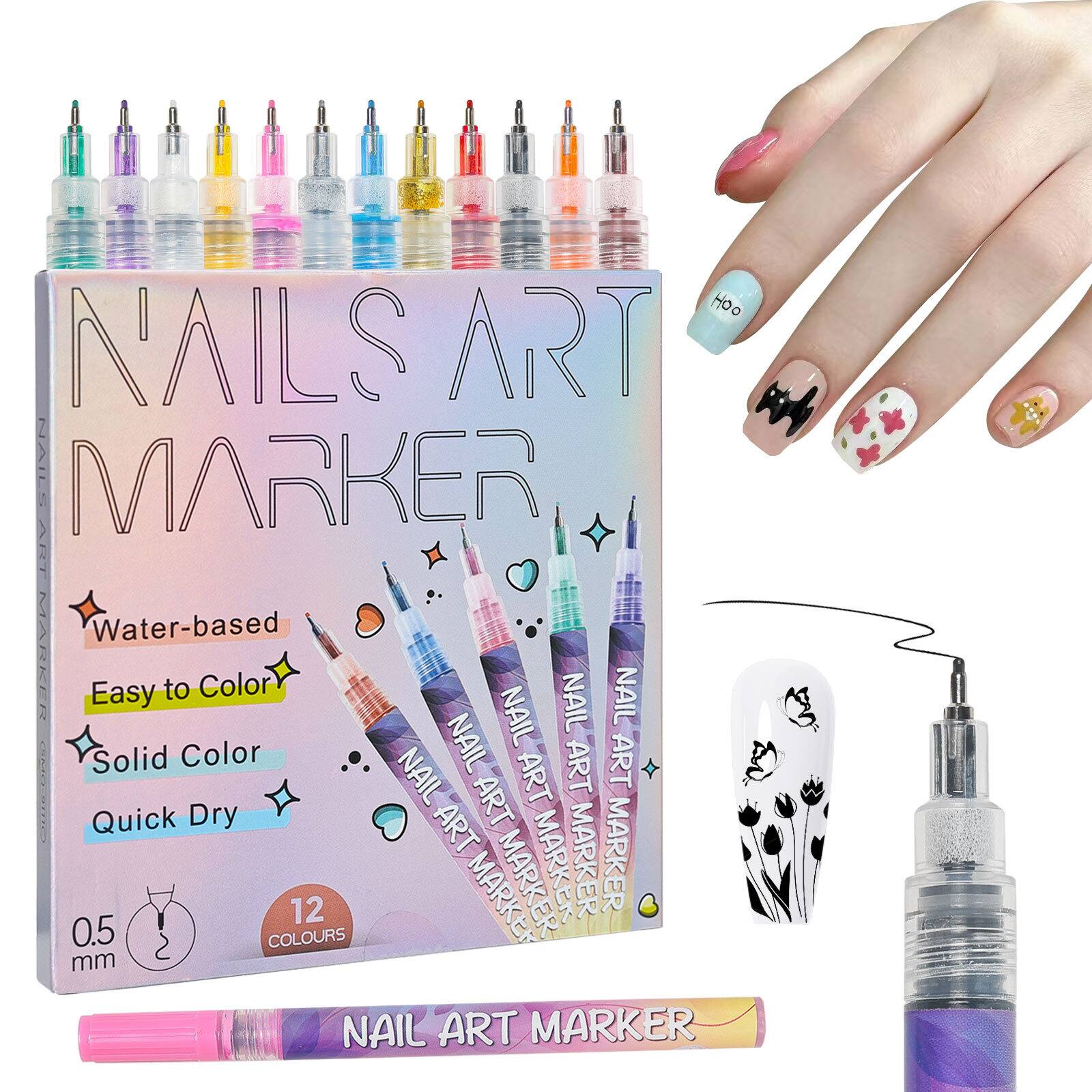 Nails Art Marker  
Water-based  
Easy to Color  
Solid Color  
Quick Dry  
0.5 mm  
12 Colours  

Nail Art Marker