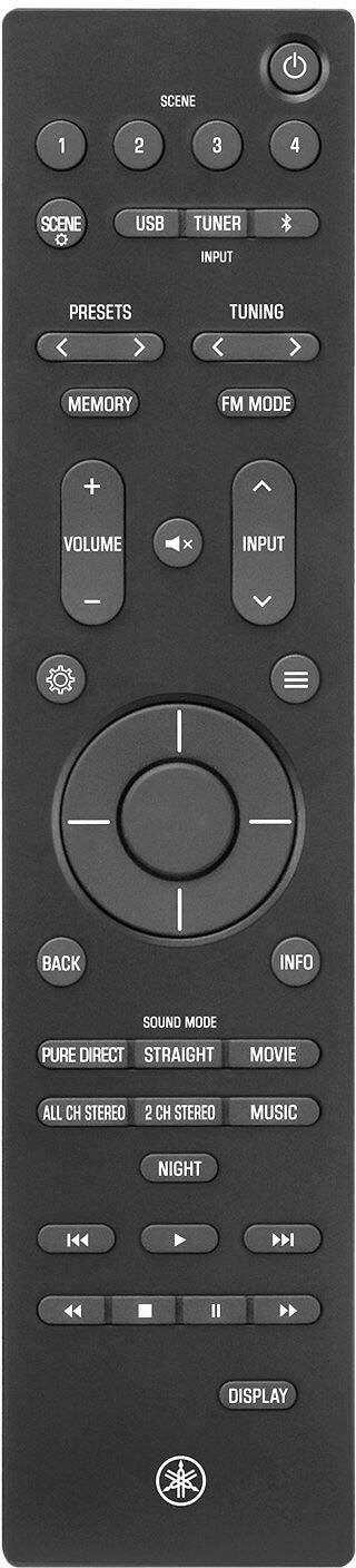 SCENE 1 2 3 4  
SCENE USB TUNER INPUT  
PRESETS TUNING  
MEMORY FM MODE  
VOLUME + -  
INPUT  
BACK INFO  
SOUND MODE  
PURE DIRECT STRAIGHT MOVIE  
ALL CH STEREO 2 CH STEREO MUSIC  
NIGHT  
DISPLAY