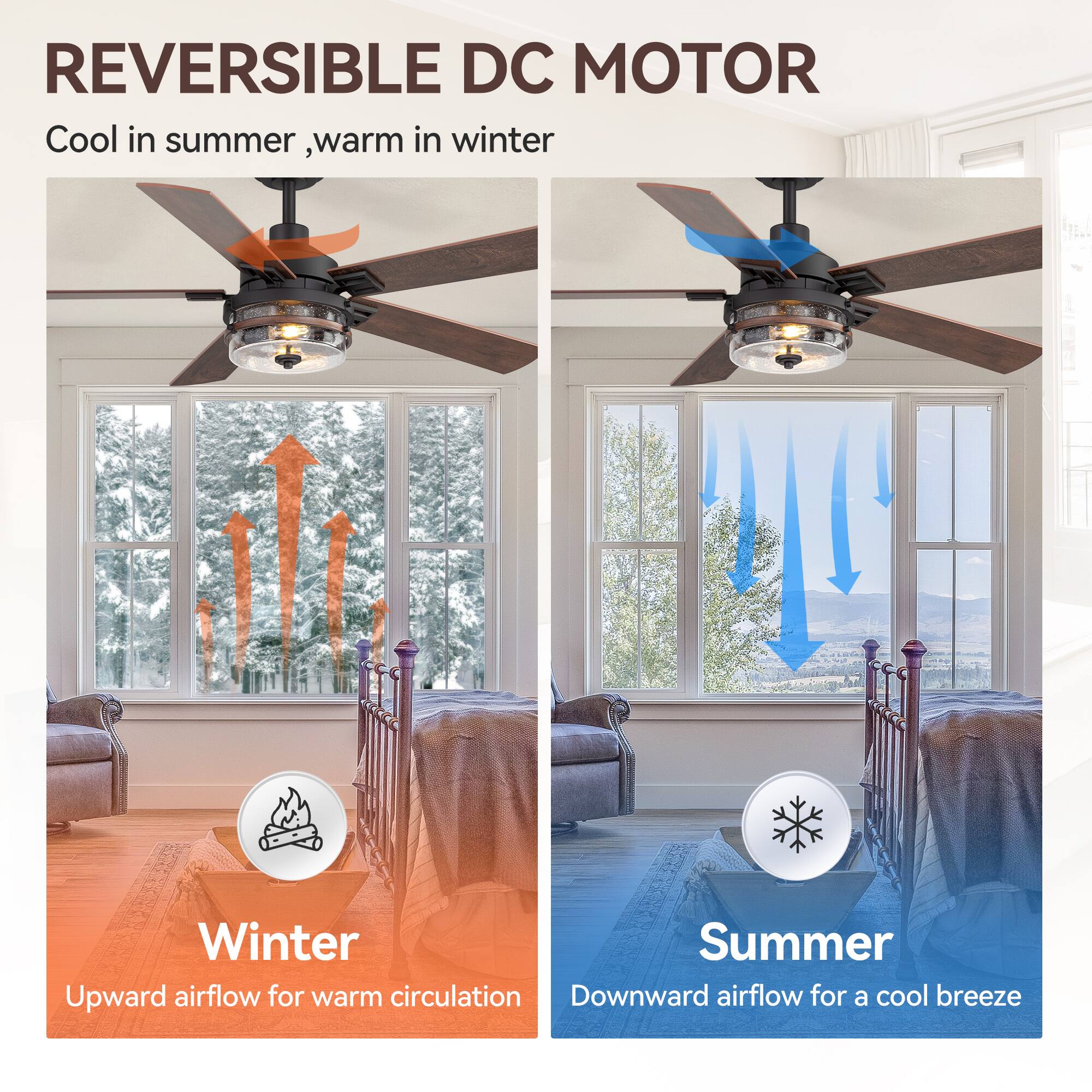 REVERSIBLE DC MOTOR  
Cool in summer, warm in winter  

Winter  
Upward airflow for warm circulation  

Summer  
Downward airflow for a cool breeze