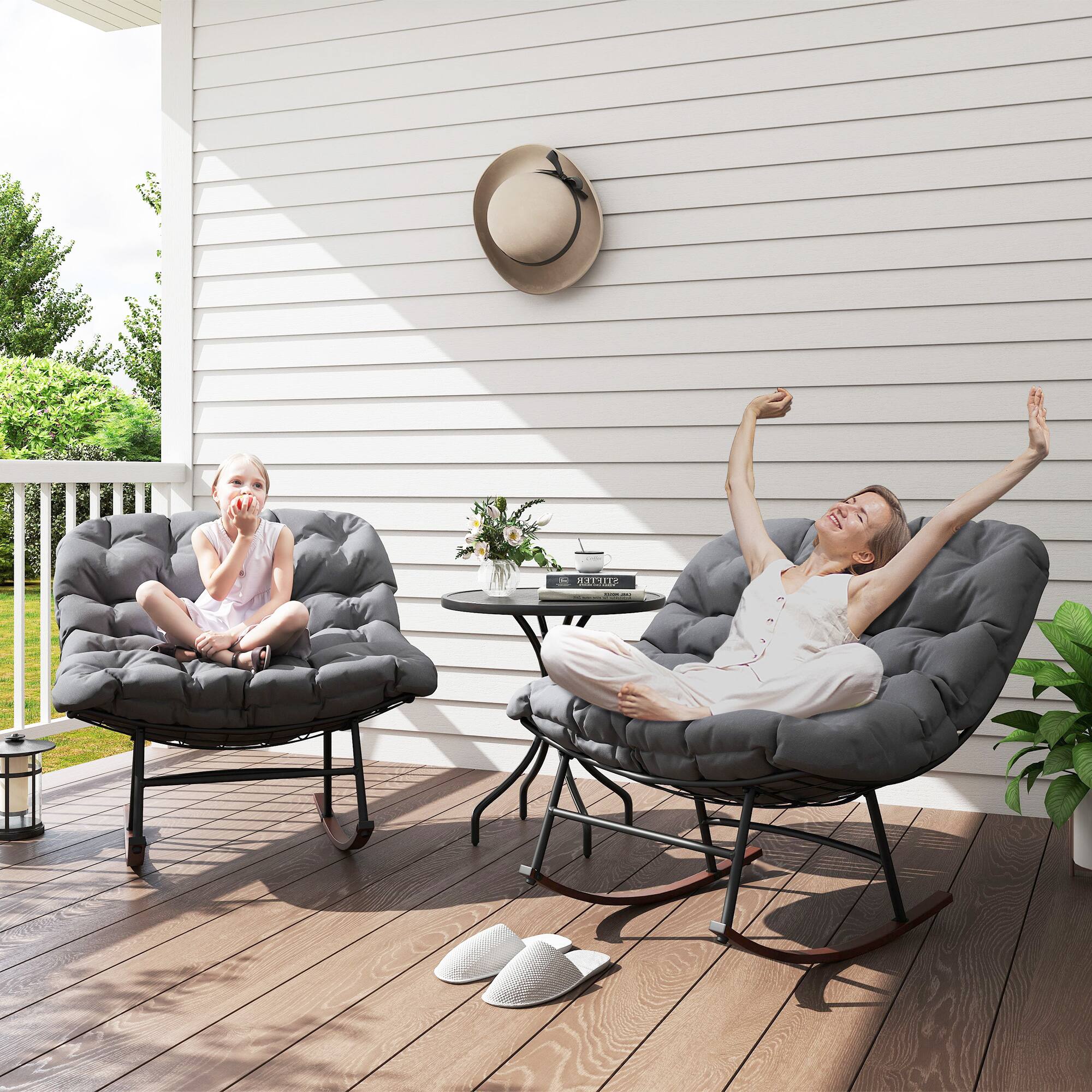 Angle. Outsunny - Outdoor Rocking Chair Set of 2, Oversized Rocking Papasan Chairs with Cushions, Steel Frame, Comfy Rockers - Gray.