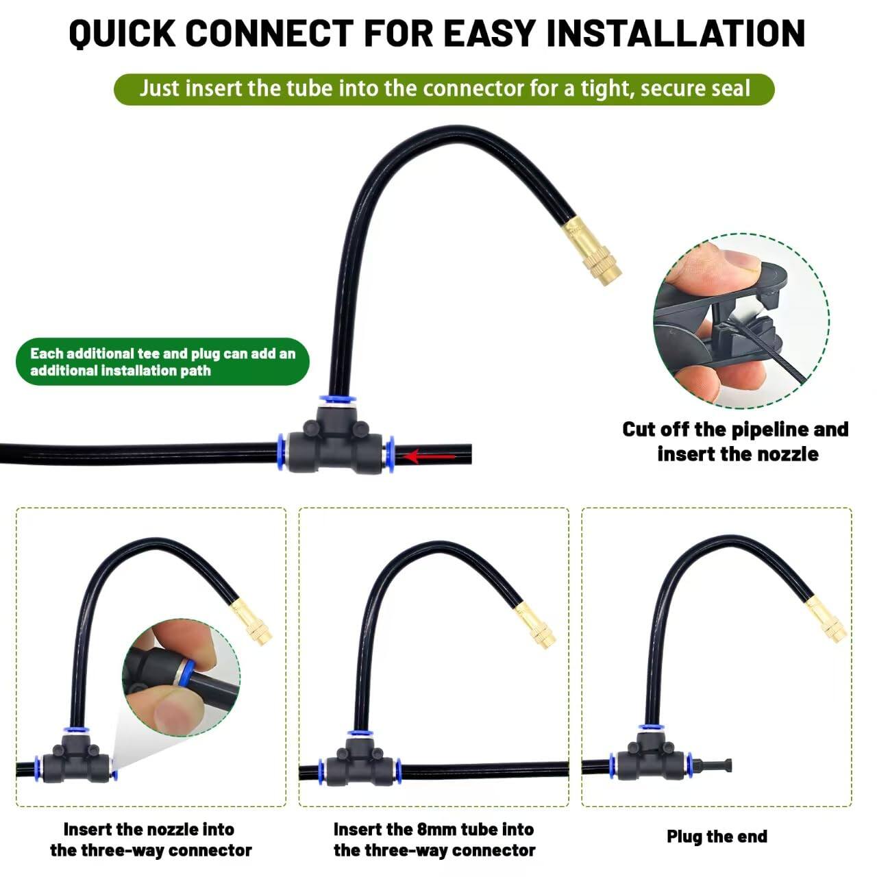 QUICK CONNECT FOR EASY INSTALLATION  
Just insert the tube into the connector for a tight, secure seal

Each additional tee and plug can add an additional installation path

Cut off the pipeline and insert the nozzle

Insert the nozzle into the three-way connector

Insert the 8mm tube into the three-way connector

Plug the end
