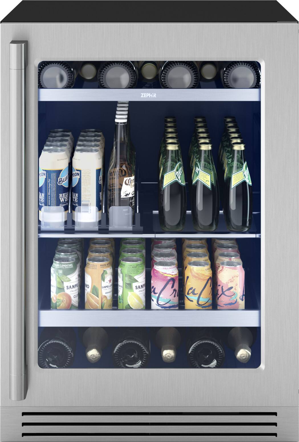 The image features a refrigerator with a door open, revealing a variety of drinks inside. There are several bottles of different beverages, including soda, juice, and water. The refrigerator is stocked with a total of 13 bottles, each containing a different drink. The arrangement of the bottles showcases the diverse selection of beverages available in the refrigerator.