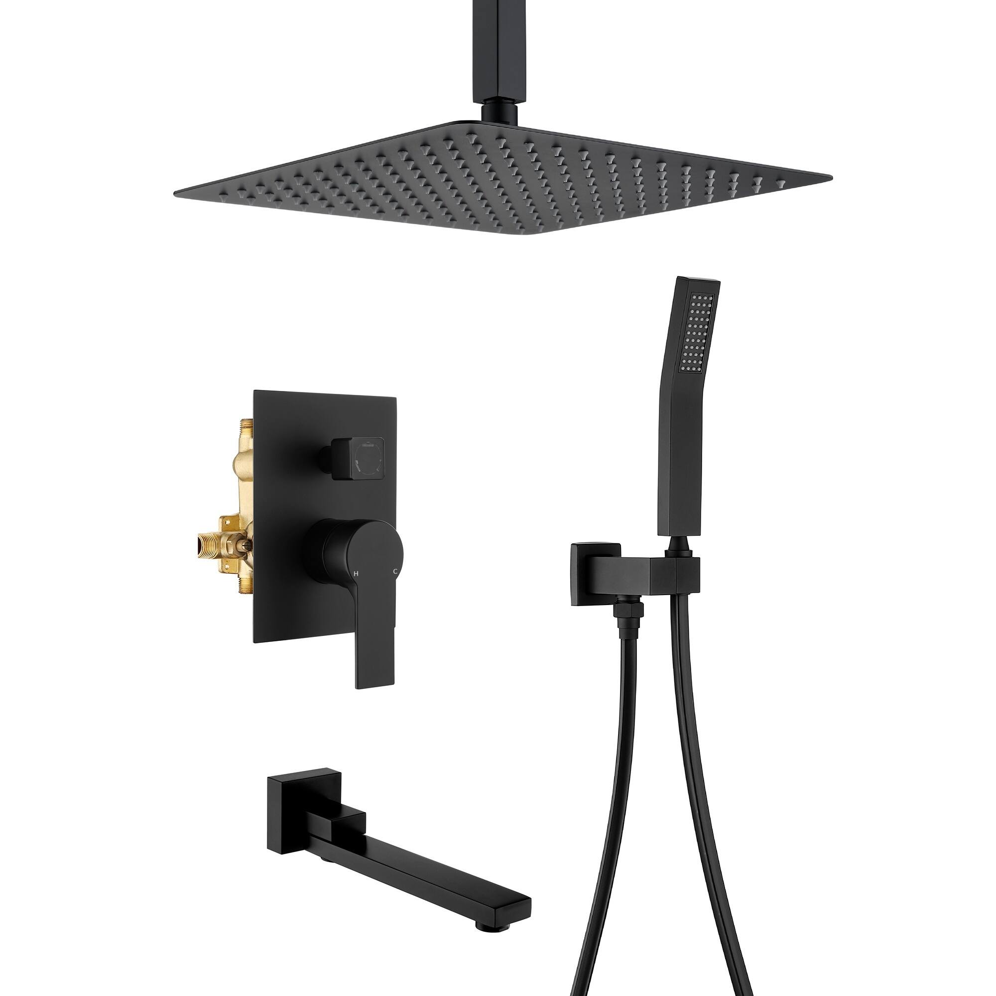 Front. Boyel Living - Matte Black 12-Inch Rain Shower System Brass SUS304 3-Function Valve Handheld 180° Spout cUPC - Black.